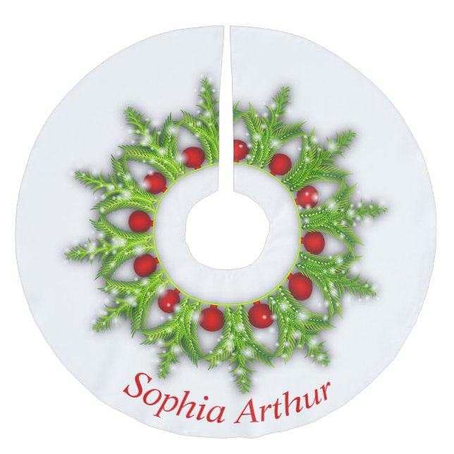 Modern Personalised Red Gold Wreath Christmas Brushed Polyester Tree Skirt (Front)