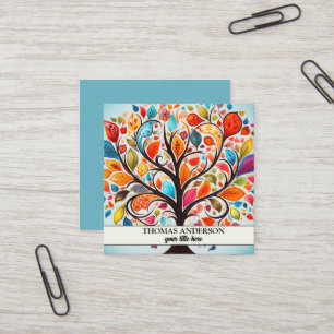 Modern Personalised Tree of Life - Colourful Leave Square Business Card