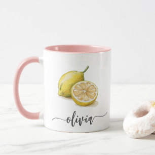 Modern Personalised Watercolor Yellow Lemon Pink Mug