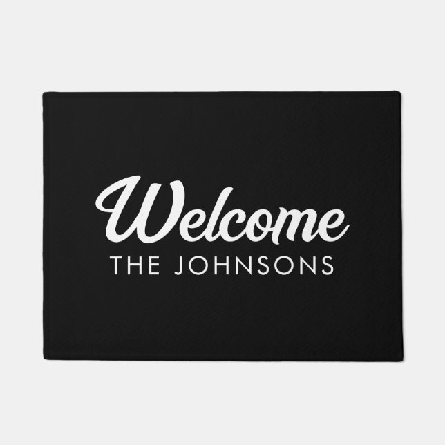 Modern Personalised Welcome Doormat | Black White (Front)
