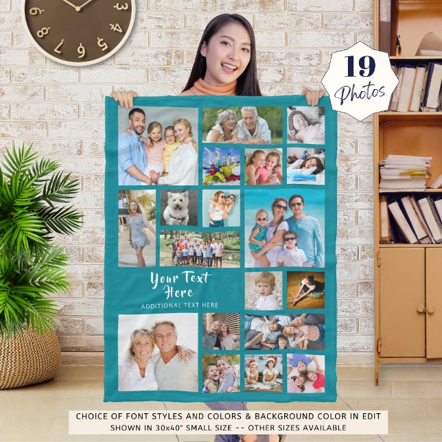 Modern Personalized 19 Photo Collage Teal Fleece Blanket (Creator Uploaded)