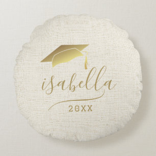 Modern Personalized 2024 Gold Grad Cap Keepsake Round Cushion