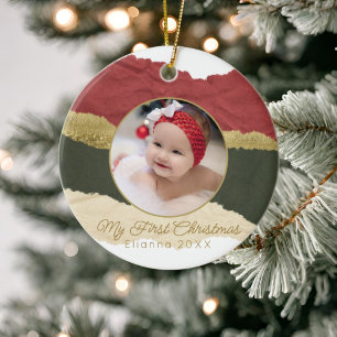 Modern Personalized Baby's First Christmas Photo Ceramic Tree Decoration