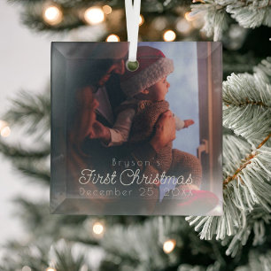 Modern Personalized Baby's First Christmas Photo Glass Tree Decoration