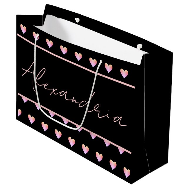 Modern Personalized Black Heart Large Gift Bag (Front Angled)