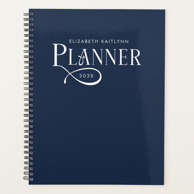 Modern Personalized Deep Navy White  Planner (Front)