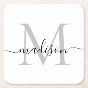 Modern Personalized Gray Monogram Script Name Square Paper Coaster