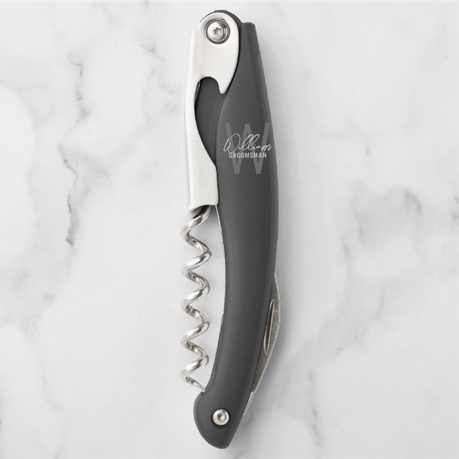 Modern Personalized Groomsman's Monogram and Name Corkscrew (Front)