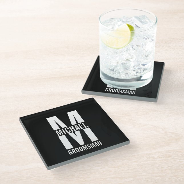Modern Personalized Groomsmen Monogram and Name Glass Coaster (Angled)