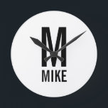 Modern Personalized Monogram and Name Round Clock<br><div class="desc">Modern Black and White Bold Monogram Design featuring personalized monogram and name in modern bold sans serif font style.

Unique gift for dad,  husband,  grandparents and more.
Also perfect as modern loft/minimalist home decor accessories,  birthday gift,  holiday gift,  family reunion gift,  housewarming gift and gift for any special occasions.</div>