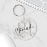 Modern Personalized Monogram and Name White Marble Key Ring<br><div class="desc">Personalized Monogram and Name Gift
featuring personalized name in grey modern script font style and monogram in light grey modern script font style as background
on white marble background.

Perfect as holiday gift,  family reunion favors,  thank you gift for bridesmaids and gift for any special occasions.</div>