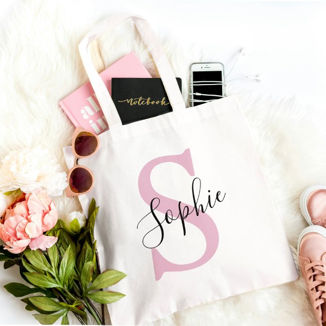 Modern Personalized Name Monogram Pink Tote Bag (Creator Uploaded)