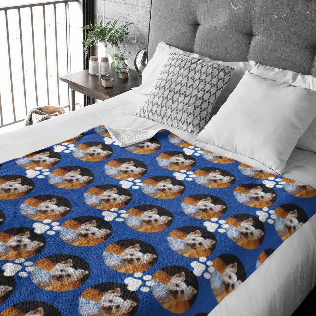  Modern Pet Lover Pet Photo Blue w Paw Print Fleece Blanket (Creator Uploaded)