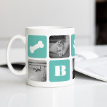 Modern Pet Monogram Photo Collage Coffee Mug<br><div class="desc">Customise this cute modern mug design with your favourite photos of your pooch! A great gift for any pet parent, this design features alternating squares of photos and vibrant aqua blocks displaying a dog bone, paw print, heart, your dog or family monogram, and your pup's name in white lettering. Add...</div>