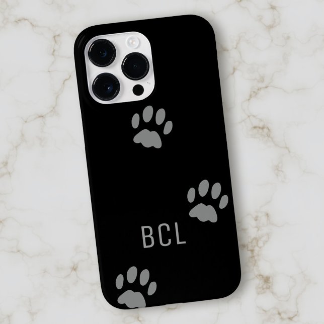 Modern Pet Paw Prints Monogram Custom Black Case-Mate iPhone Case (Creator Uploaded)