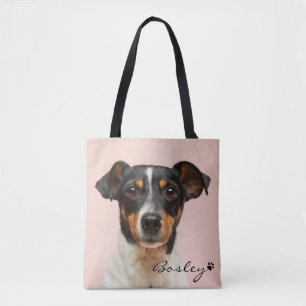 Modern Pet Photo Add Your Name Paw Print Tote Bag