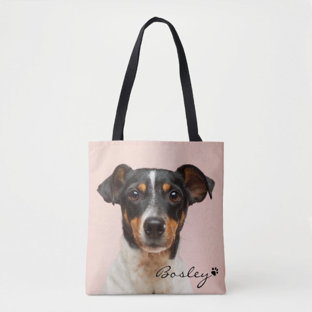 Modern Pet Photo Add Your Name Paw Print Tote Bag (Front)