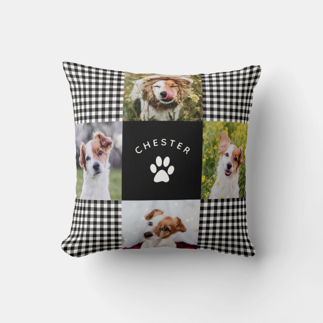 Modern Pet Photo Collage Vichy Plaid Dog Cat Quilt Cushion (Front)