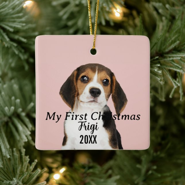 Modern Pet Script Name First Christmas 2 Photo Ceramic Ornament (Tree)