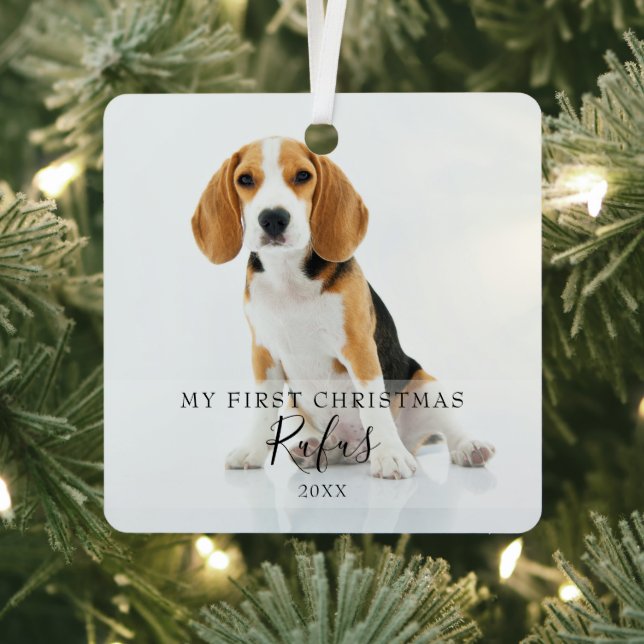 Modern Pet Script Name First Christmas 2 Photo Metal Tree Decoration (Insitu)