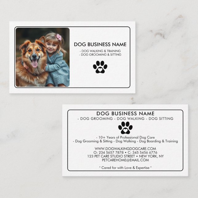 Modern Pet Sitting Photo Minimalist Paw Print Business Card (Front/Back)