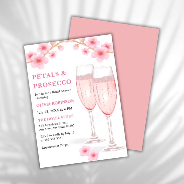 Modern Petals & Prosecco Pink Floral Bridal Shower Invitation (Modern Elegant Petals and Prosecco Pink Watercolor Floral Bridal Shower Invitation )