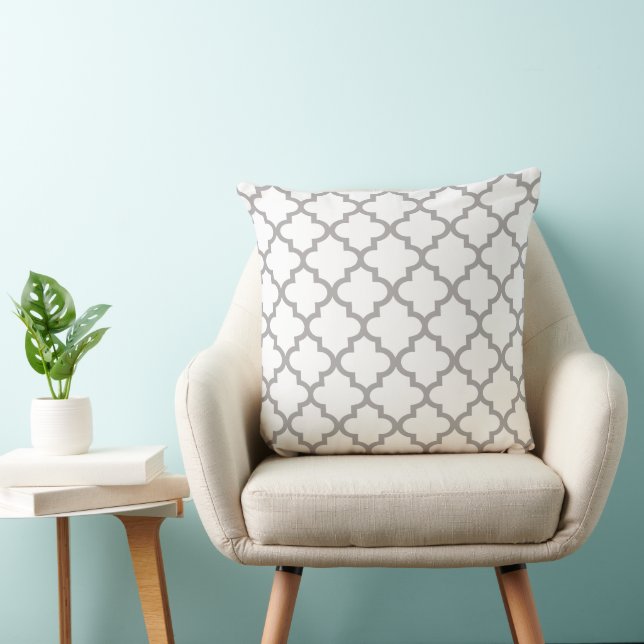 Modern Pewter Grey and White Quatrefoil Pattern Cushion (Chair)