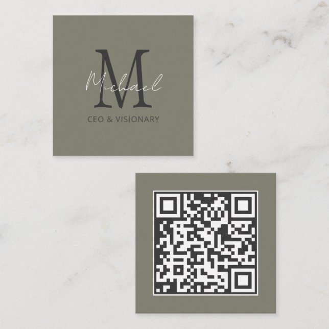 Modern Pewter Monogram QR Code Square Business Card (Front/Back)
