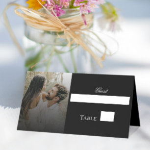 Modern Photo and Black Overlay Wedding Place Card