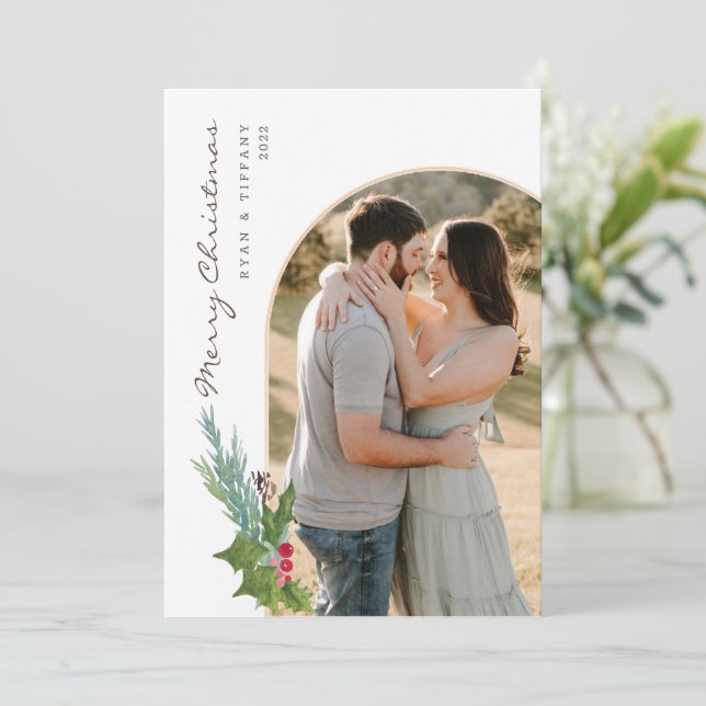 Modern Photo Arch Christmas Card With Holly (Standing Front)
