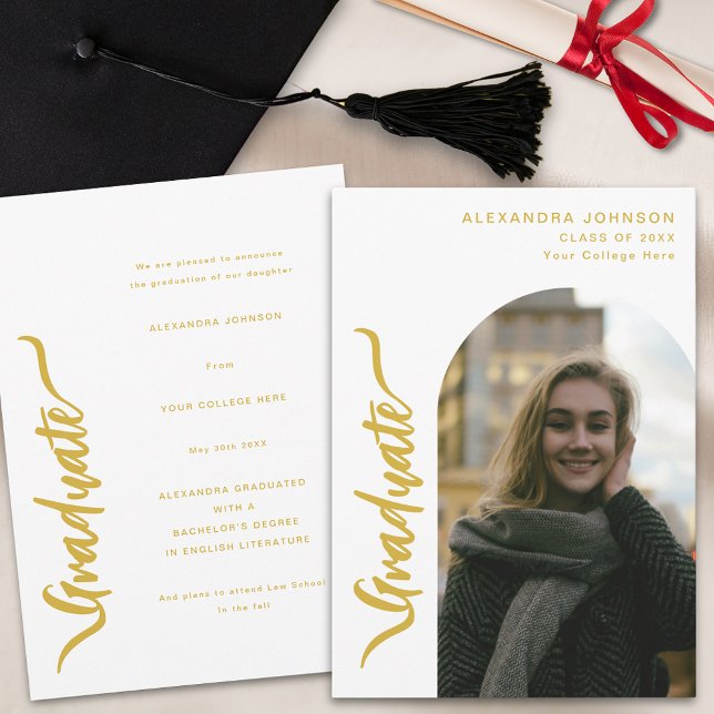 Modern Photo Arch Graduation Announcement (Modern stylish gold script arch photo Graduation announcement card trendy casual chic)