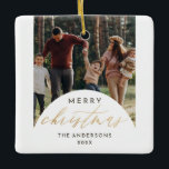 Modern Photo Arch Merry Christmas Gold Script Ceramic Ornament<br><div class="desc">Share the joy of the season with our Modern Photo Arch Merry Christmas Gold Script Ceramic Ornament. Featuring your family photo in centre place with an oval arch overlay adorned with the words "Merry Christmas" in faux gold foil script calligraphy. Personalise it with your family name and year in minimalist...</div>