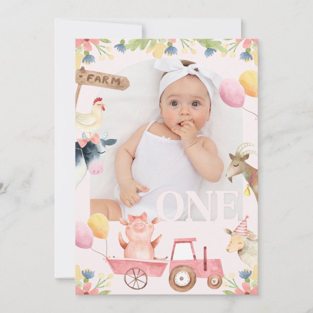 Modern Photo Arch Pink Tractor Farm 1st Birthday Invitation (Front)