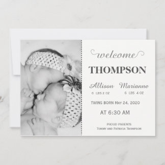 Modern Photo Baby Announcement Card (Twins)