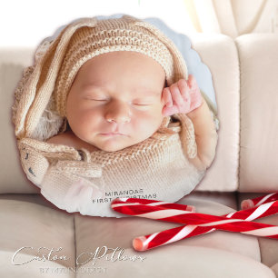 Modern Photo Baby's First Christmas Holiday Round Cushion