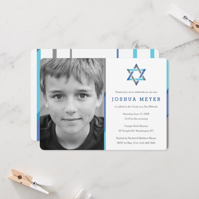 Modern Photo Bar Mitzvah Invitations | Blue + Teal (Front/Back In Situ)