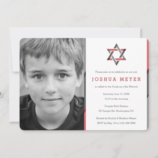 Modern Photo Bar Mitzvah Invitations | Red + Black (Front)