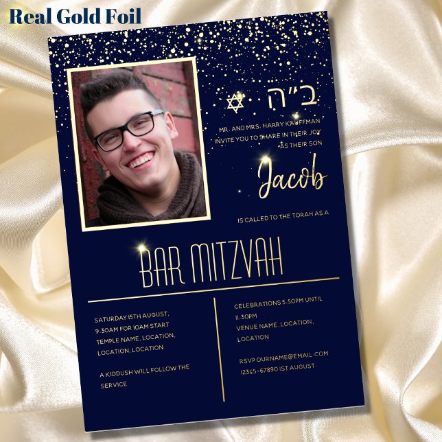Modern PHOTO Bar Mitzvah with HEBREW Blue Gold (Creator Uploaded)