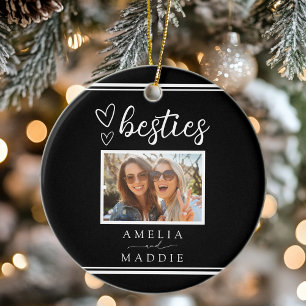 Modern Photo Besties Hearts Black and White  Ceramic Tree Decoration