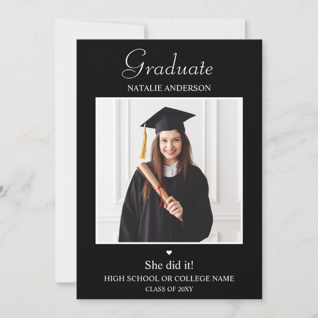 Modern Photo Black and White Graduation Invitation (Front)