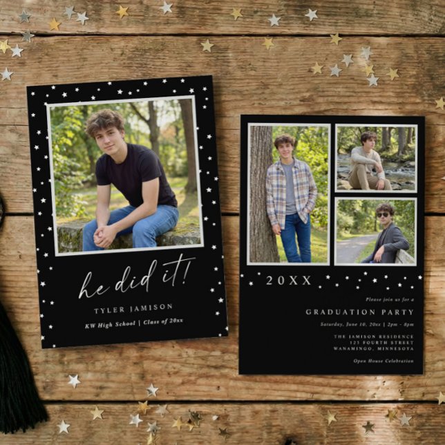 Modern Photo Black and White He Did It Graduation Invitation (Graduation party invitation with four photos and he did it script in black and white)