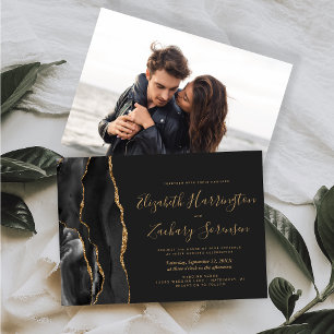 Modern Photo Black Gold Agate Dark Wedding Invitation