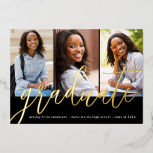 Modern Photo Black Gold Foil  Grad Announcement