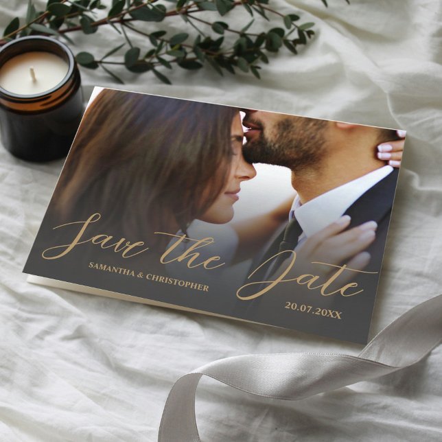 Modern Photo Black & Gold Save the Date Wedding Postcard (Creator Uploaded)