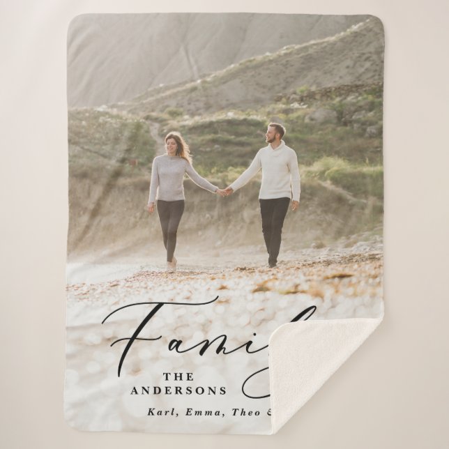 Modern photo black script family elegant sherpa blanket (Front)