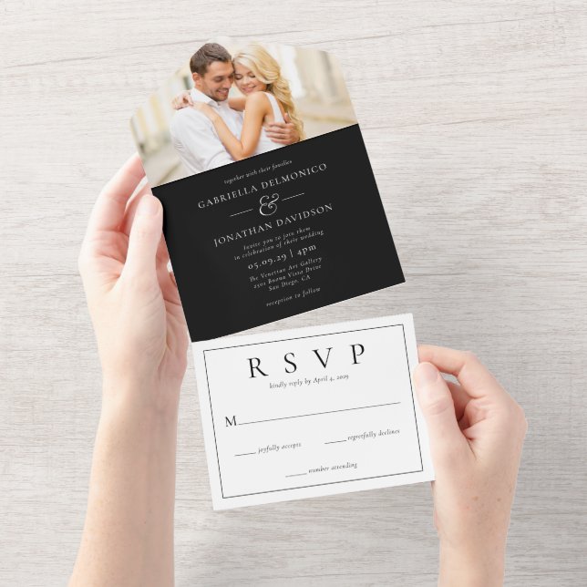 Modern Photo Black White Wedding RSVP  All In One Invitation (Tearaway)