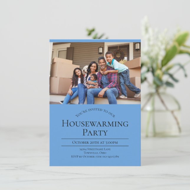 Modern Photo Blue Housewarming Invitation (Standing Front)