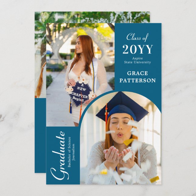 Modern Photo Blue White Graduation Announcement (Front/Back)
