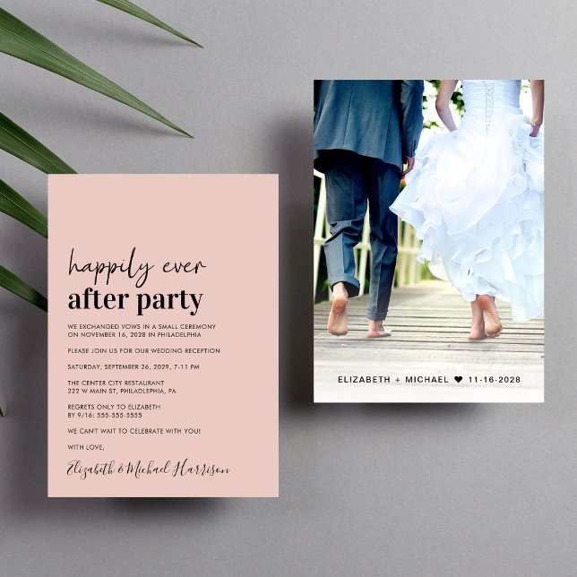 Modern Photo Blush Wedding Reception Invitation (An chic Happily Ever After Party invitation for your wedding celebration)