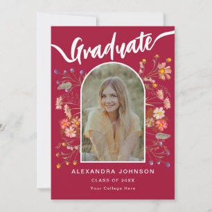 Modern Photo Boho Floral Red Graduation Party Invitation
